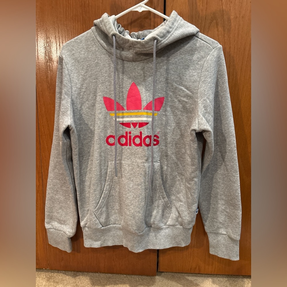 Adidas Heather Gray Hoodie with Vibrant Pink Logo
